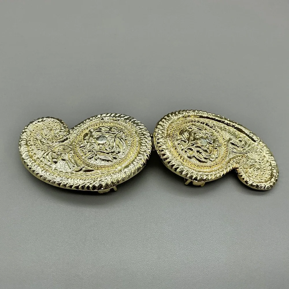 Belt Buckle Women Gold Tone Paisley Ornate Rhinestone Interlocking 5.5 Inch